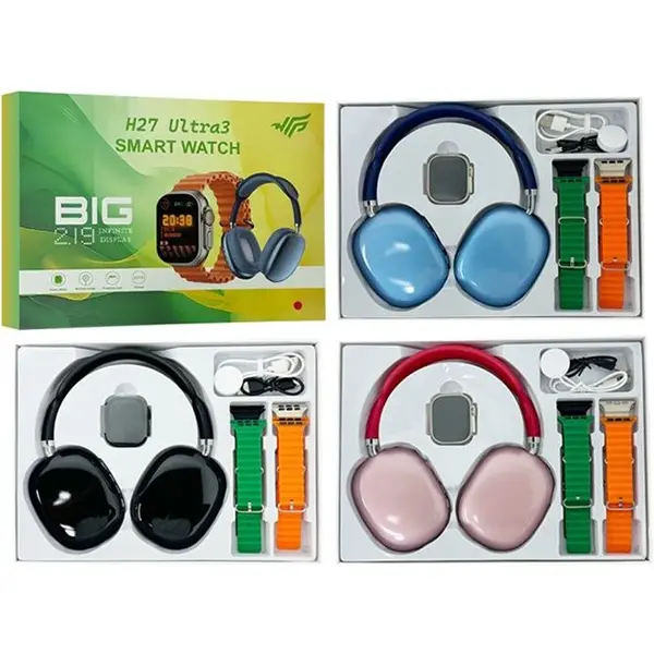 BIG-H27 Ultra3-2 ساعت هوشمند بیگ مدل H27 Ultra3 به همراه هدفون و 4 عدد بند در رنگ های مختلف