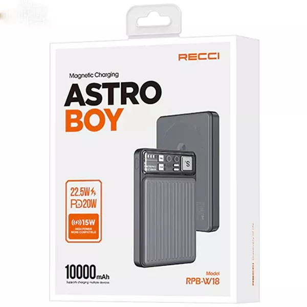 RECCI-RPB-W18-10 پاوربانک مگنتی رسی مدل RPB-W18 با ظرفیت 10000 میلی آمپر ساعت