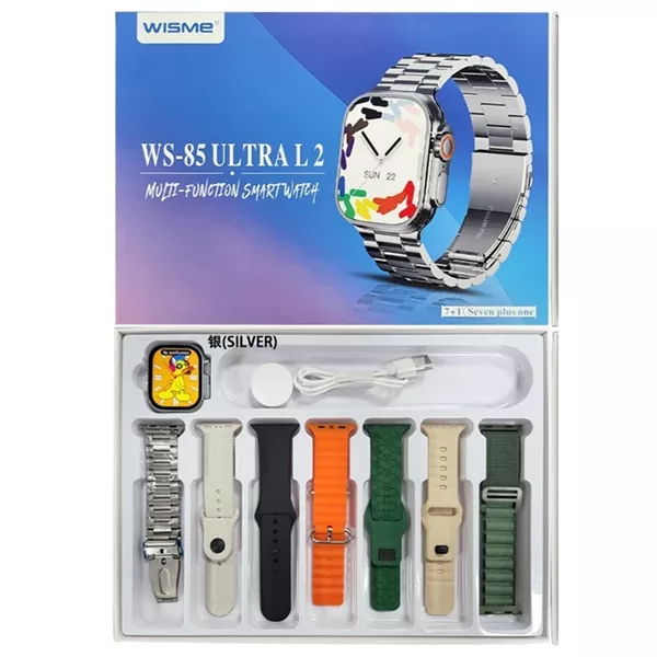 WISME-WS-85-ULTRA-L2-1 ساعت هوشمند ویسمی WS-85 ULTRA L2 به همراه ۷ عدد بند متنوع (سیلیکونی، فلزی، پارچهای)