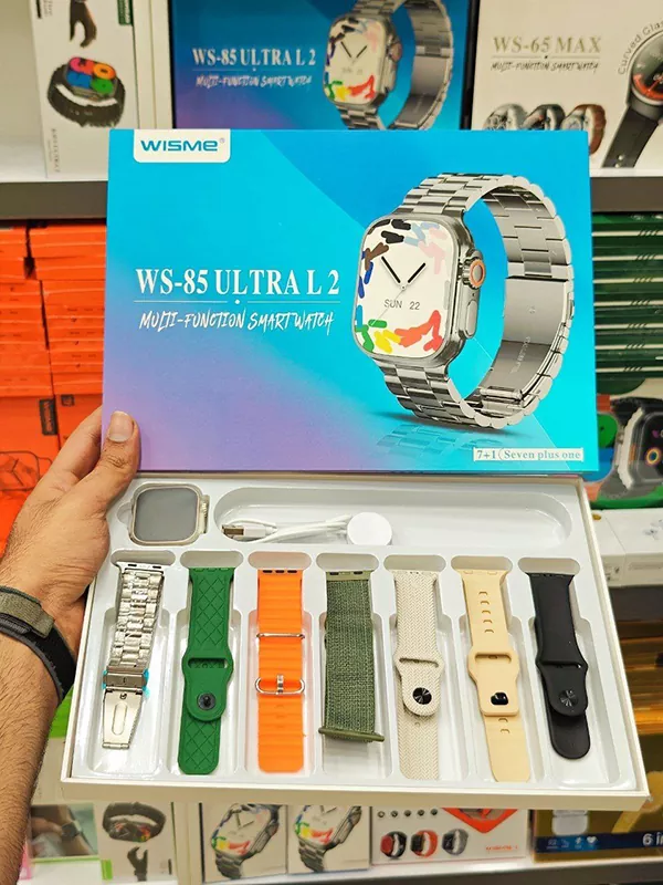 WISME-WS-85-ULTRA-L2-2 ساعت هوشمند ویسمی WS-85 ULTRA L2 به همراه ۷ عدد بند متنوع (سیلیکونی، فلزی، پارچهای)