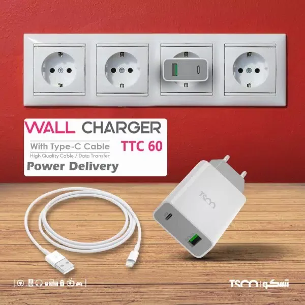 شارژر 27 وات تسکو مدل TTC 60 همراه با کابل