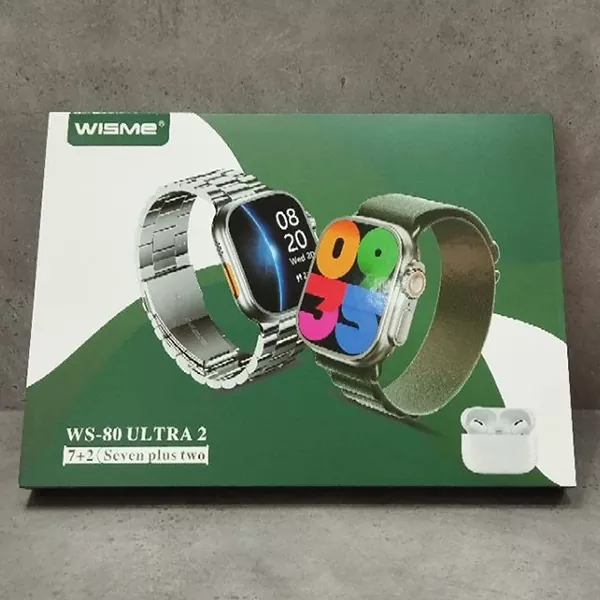 wisme-ws80-ultra-2-1 ساعت هوشمند ویسمی WS80 ULTRA 2 به همراه ایرپاد پرو و ۷ عدد بند متنوع (سیلیکونی، فلزی، پارچهای)