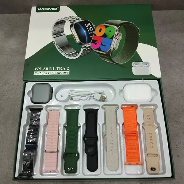 wisme-ws80-ultra-2 ساعت هوشمند ویسمی WS80 ULTRA 2 به همراه ایرپاد پرو و ۷ عدد بند متنوع (سیلیکونی، فلزی، پارچهای)