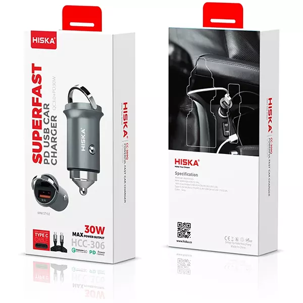 hiska-lighter-charger-hcc-306-4 شارژر فندکی هیسکا مدل HCC-306 به همراه کابل تبدیل USB-C
